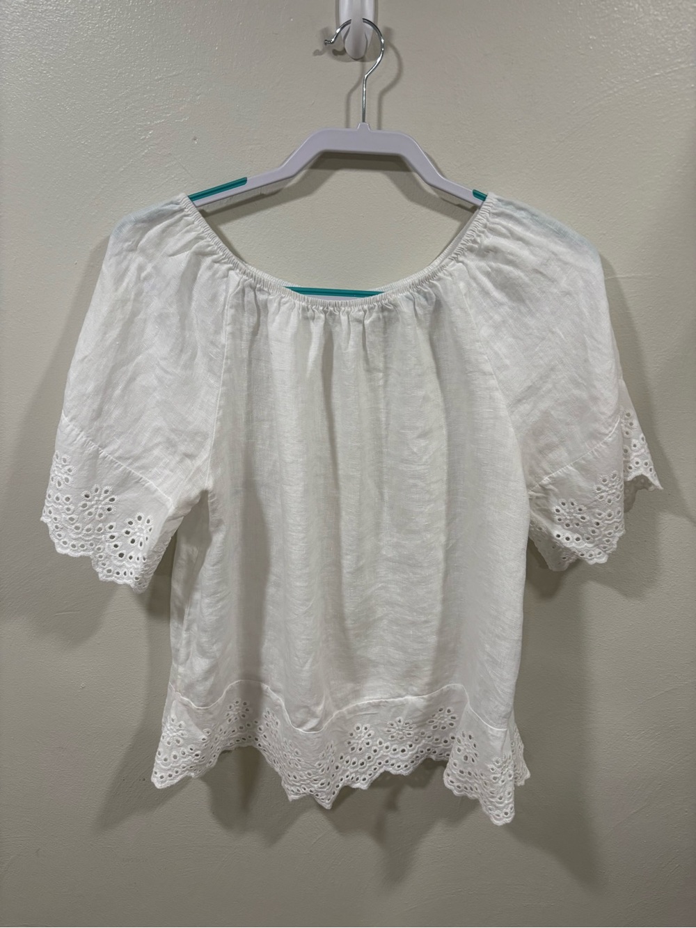 Terzo Millennio White Eyelet-Trim Short Sleeve Peasant Top L